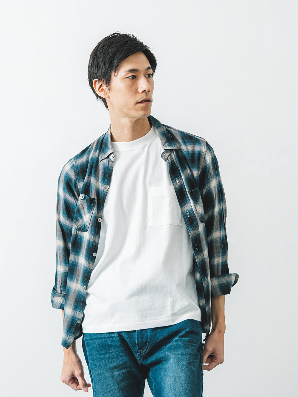 吊り編み天竺ポケットT／ワイドフィット／クルーネック